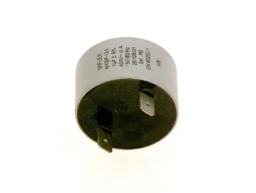 Kondensator von Bosch, runde Bauform mit zwei Anschlussstiften, beschriftet mit technischen Daten wie Kapazität und Spannung.